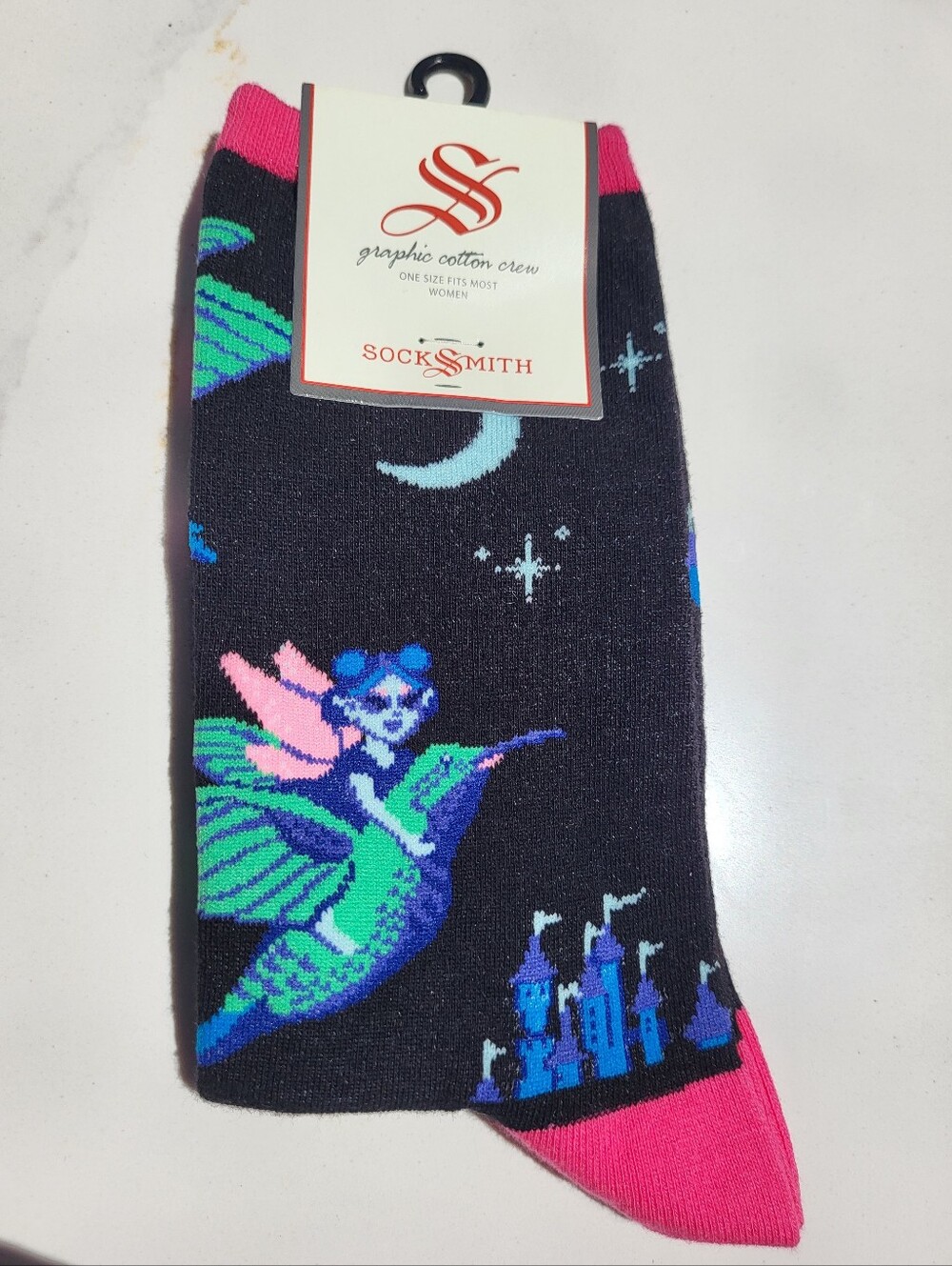 NWT Pair of SockSmith Graphic Cotton Crew Socks Fairy Castle Black size 9-11